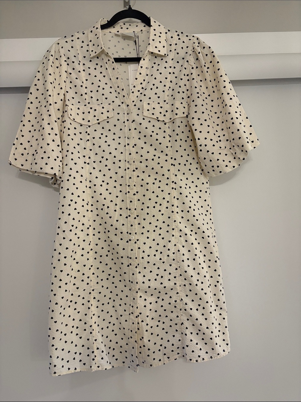 Cream Short Sleeve Button-Front Dress with Black Heart Print